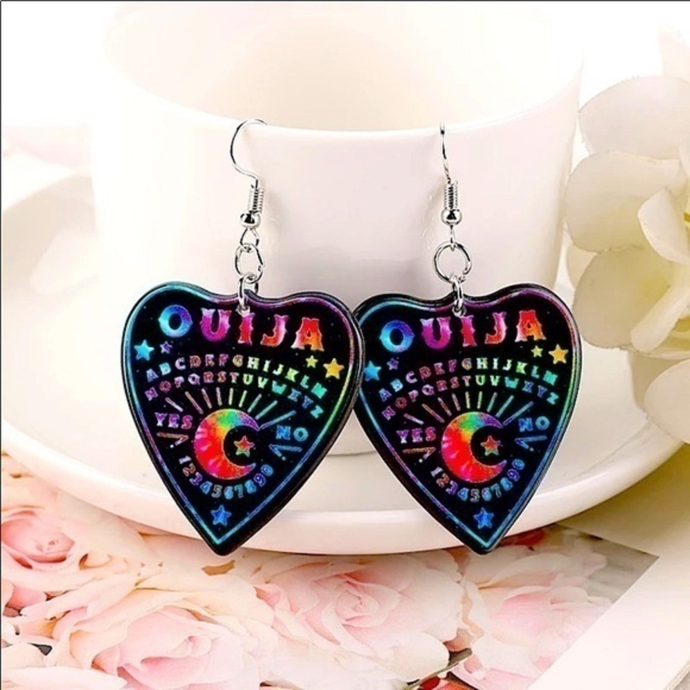 NWT Ouija board Fluorescent Writing on Black drop earrings